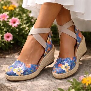 Easy Spirit Floral Espadrille Wedge Sandals | Blue Multi Print | Comfort